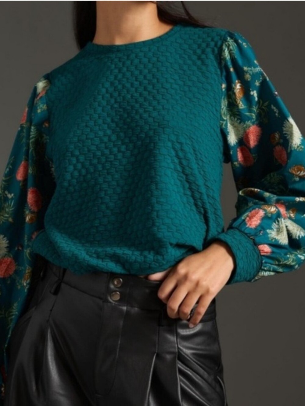 PORRIDGE ANTHROPOLOGIE Textured Sweatshirt M Green Floral NWT